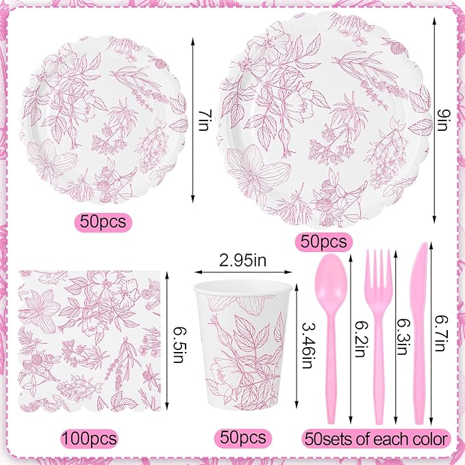Havawish 400 Pcs Pink Floral Party Plates Disposable Tableware Set for 50 Guest Spring Flower Paper Plates Tea Party Scalloped Plates Napkins Cups for Wedding Party Baby Bridal Shower