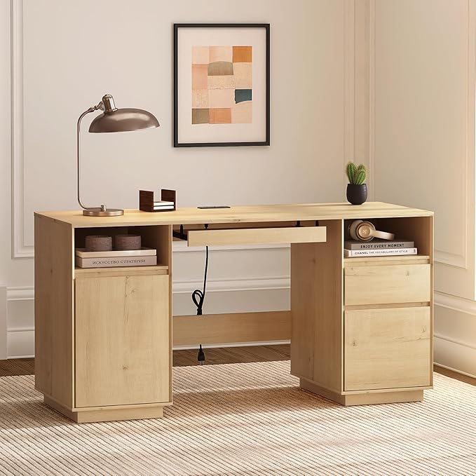 Farmhouse Executive Desk with File Drawer 59" Large Computer Desk Home Office Desk with Charging Station, Keyboard Tray, Storage Cabinet Modern Workspace for Study, Writing, Light Oak