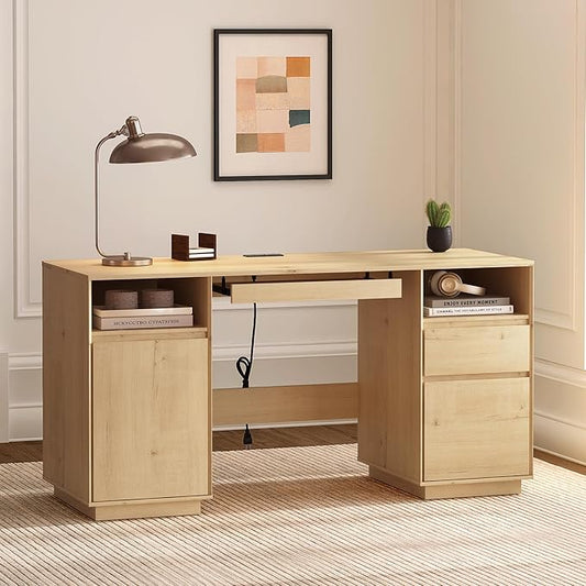 Farmhouse Executive Desk with File Drawer 59" Large Computer Desk Home Office Desk with Charging Station, Keyboard Tray, Storage Cabinet Modern Workspace for Study, Writing, Light Oak