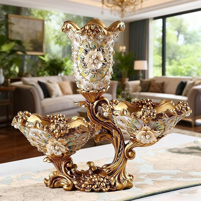 Elegant Large Flower Vases with 2 Tiered Fruit Bowl for Kitchen Counter, Resin Fruit Basket Plate for Snack, Candy Storage(White & Gold)