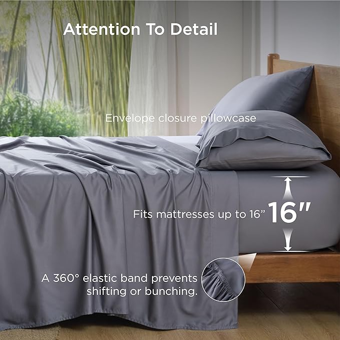 Bedsure Cooling Sheets for Full Size Bed, Viscose Derived from Bamboo, Deep Pocket up to 16", Breathable Soft Bed Sheets & Pillowcases, Dark Grey