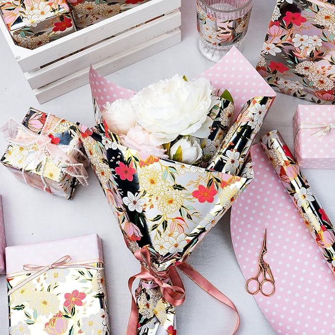 Yarcony Reversible Floral Wrapping Paper Roll, Bridal Shower Wrapping Paper, Colorful Flower Gift Wrap with Metallic Foil Shine for Birthday, Wedding, Mother's Day, Valentine's Day(17 Inch X 33 Feet)