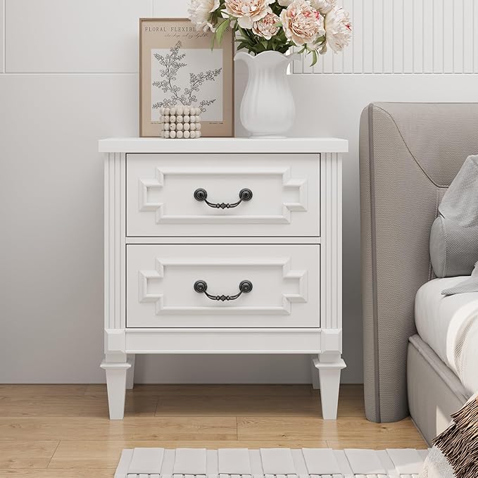 BLANKSPACE Farmhouse White Nightstand wtih Vintage Surface, 26" Tall End Table, Side Table with 2 Drawers Storage Cabinet for Bedroom, Living Room