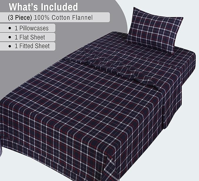 RUVANTI Flannel Sheets Twin XL Size - 100% Cotton Double Brushed Twin XL Sheet Sets, Deep Pockets 16 Inches, All Seasons Breathable & Extra Soft Bed Sheets, Warm & Cozy, 3 Piece, Yankees Blue