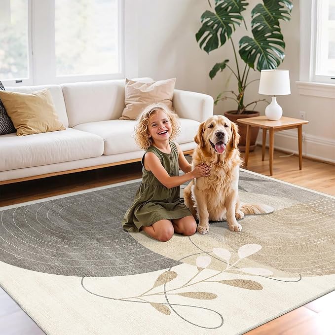 MUJOO Washable 8x10 Area Rugs for Living Room Bedroom Dining Room Large Boho Non Slip Carpet Indoor Mid Century Modern Abstract Botanical Geometric Neutral Beige