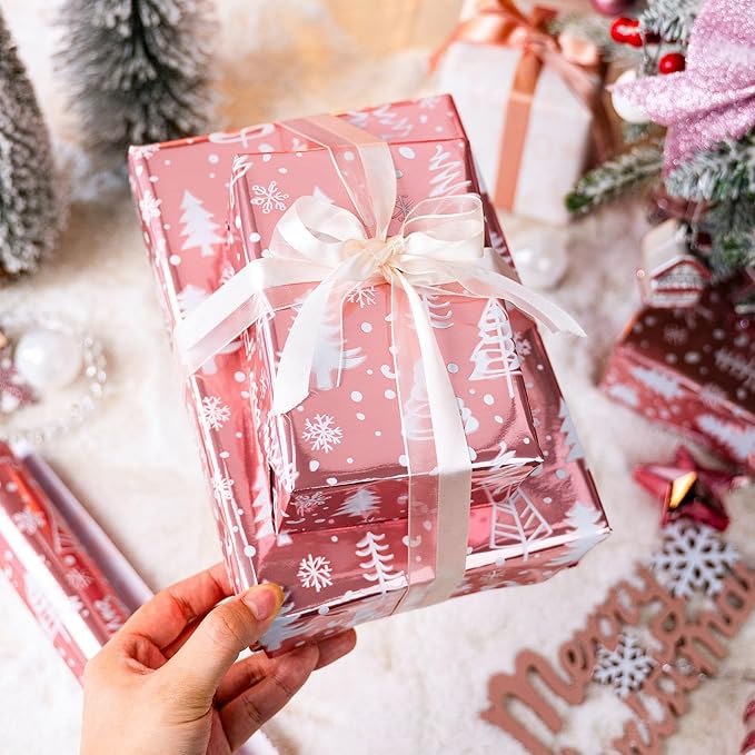 MAYPLUSS Pink Christmas Wrapping Paper Roll - 17IN X 33FT - Gift Wrapping Paper Featuring Christmas Tree Snowflake Reversible HO for Kids, Holiday, New Year