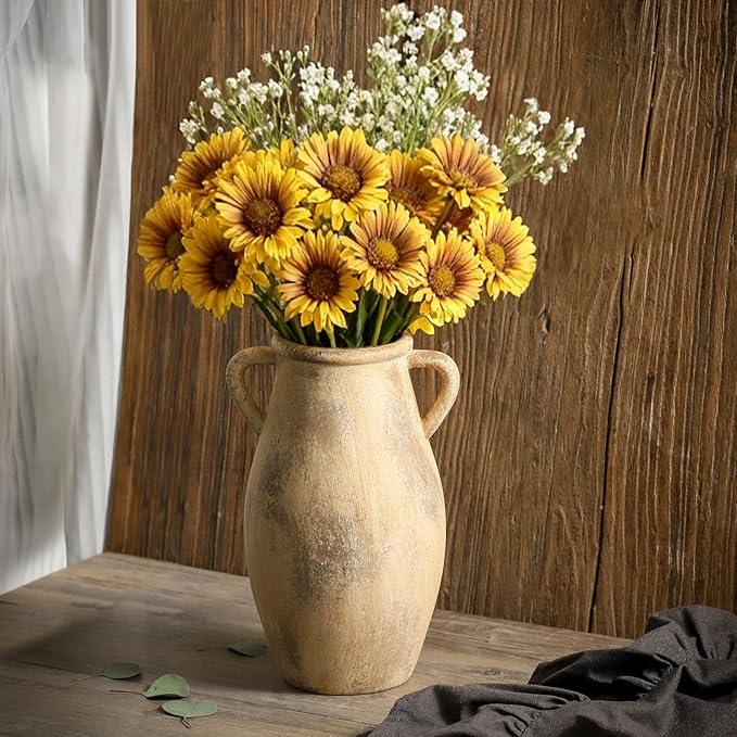 Large Ceramic Vase,11.3 inch Tall Farmhouse Flower Vase with 2 Handles, Terracotta Decorative Flower Vase for Home Decor, Living Room Entryway Table Centerpiece Decor