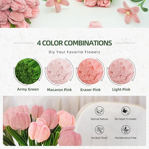 400 Pcs Pipe Cleaners Craft Kit, Pipe Cleaners Bulk Multicolors, Chenille Stems for DIY Flower Bouquet Making Kit with Tape, Floral Wires,Stamen & Ribbon, Pearls, Wrapping Paper(Pink)