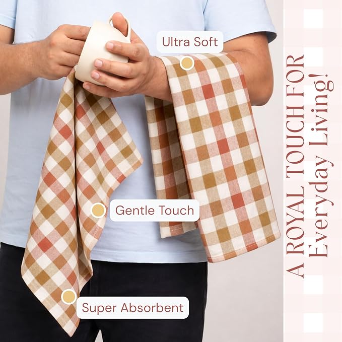Multi Checkered Dish Towels 12 Pack, 18x26 Inches, 100% Cotton Kitchen Cloths, Quick Drying Wash Rags, Reusable & Absorbent, Washable Towels for Cleaning, Cooking - Rust, Tan, Natural