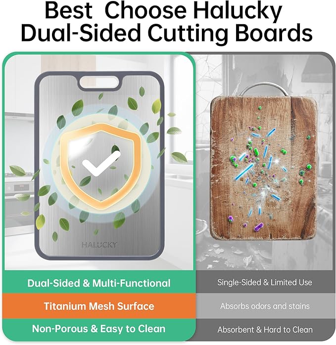 Titanium Cutting Board for Kitchen, Non Toxic Cutting Board Double Sided Food Grade, 2-in-1 Pure Titanium and Wheat Straw PP, Chopping Board for Meat and Fruit, Easy to Clean Large Size 16”×11”