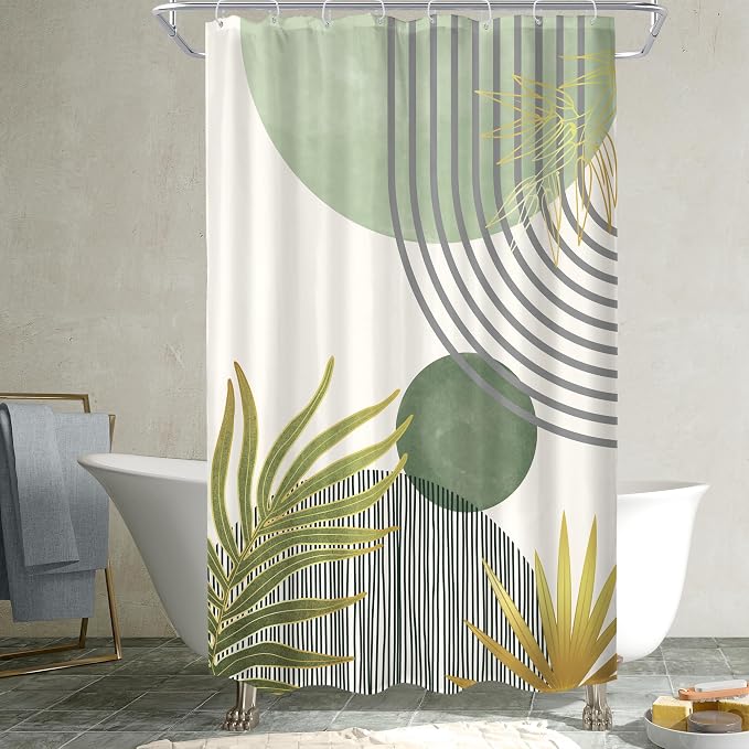 KOMLLEX Mid Century Mint Green Boho Shower Curtain for Bathroom Decor 48Wx72H Inches Abstract Modern Botanical Minimalist Arch Plant Chic Neutral Fabric Waterproof Polyester 8 Pack Hooks Pack Hooks