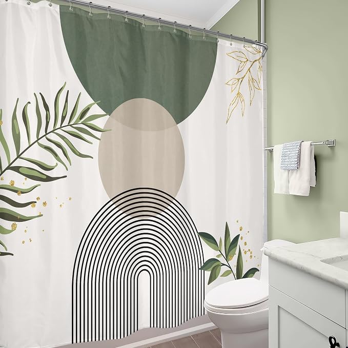 Extra Wide Boho Shower Curtain 180Wx70H Wrap Around Clawfoot Tub Curtain Sage Green Modern Bohemian Abstract Gold Leaves Mid Century Bathroom Decor Minimalist Bath Fabric Polyester 32 Pack Hook