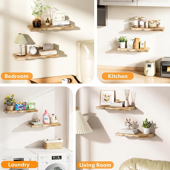 Solid Wood Live Edge Floating Shelves Set of 2 – 24" Rustic Wall Shelf with Hidden Bracket System, Wall Mounted Shelves for Bathroom, Kitchen, Living Room, Bedroom (Light Toasted Brown)