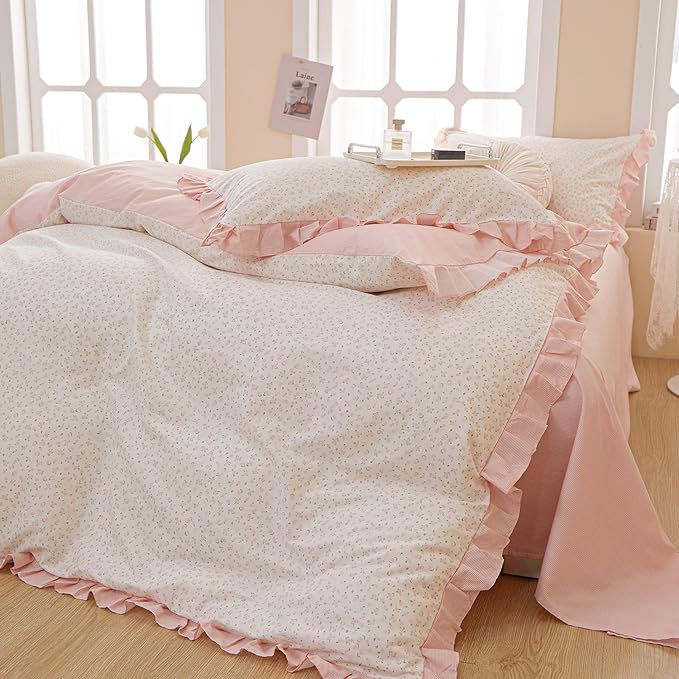 Pink Floral Ruffle Duvet Cover Twin 100% Cotton Pink Flower Duvet Cover Girls Romantic Comforter Cover Princess Lace Coquette Bedding Set Vintage Aesthetic Bedding Cute Flower Comforter Cover Twin