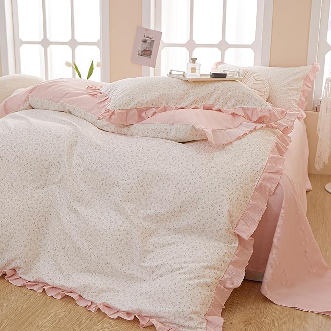 Reversible Ruffle Comforter Set King Vintage Botanical Floral Comforter Set White Coquette Bedding Cottagecore Pink Flower Comforter with 2 Pillowcases Floral Boho Bedding Comforter for King Bed