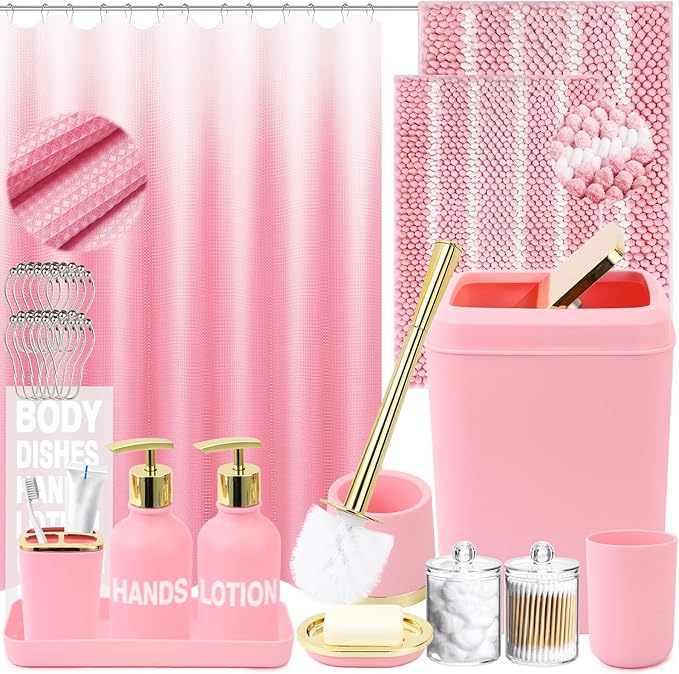 XLHOMO 25PCS Pink Bathroom Accessories Sets Complete, with Shower Curtain, Rugs, Trash Can and Toilet Brush, Toothbrush Holder and Cup, Soap Dispenser, Soap Dish, Qtip Holder, Bathroom Decor Sets
