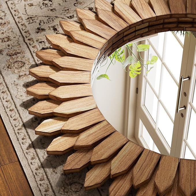 Boho Wood Sunburst Round Wall Mirror, 24 Inch Rustic Circle Wooden Frame Decorative Mirror for Farmhouse Coastal Home, Home Wall Decor for Living Room Entryway Bedroom, Light Wood