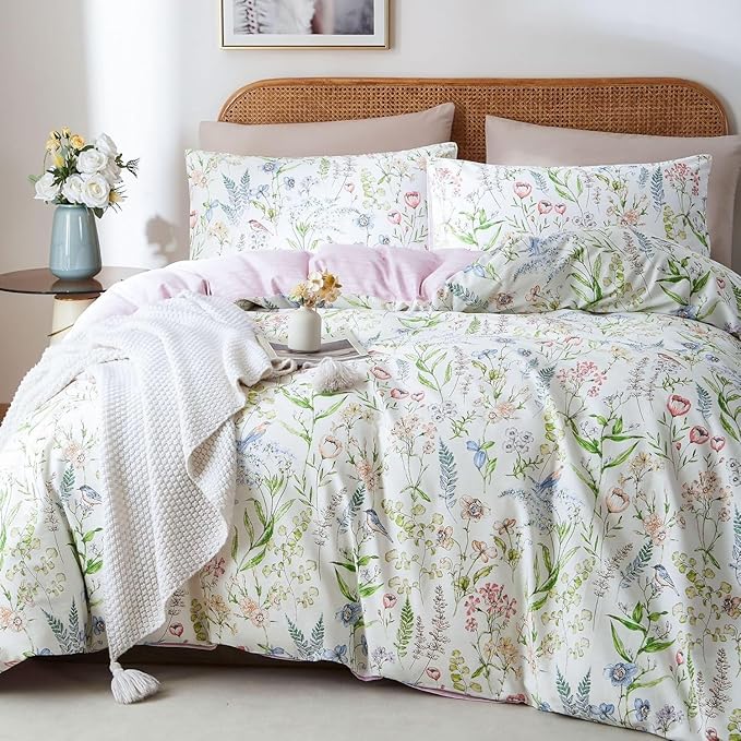 EAVD Girls Floral Duvet Cover Twin Soft Cotton Chic Cute Bird Floral Print Bedding Set Vibrant Botanical Bedding Set with 2 Pillowcases Vintage Botanical Comforter Cover with Zipper Closure