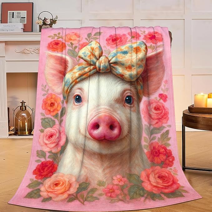 Pink Pig Blanket Cute Pig Throw Blanket Soft Cozy Fleece Fuzzy Stuffed Plush Flannel Animal Gifts for Girls Women Boys Kids Adults 50"X60"