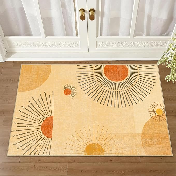 Sun Rug 2x3 for Entryway Mid Century Modern Rugs Machine Washable Boho Geometric Rug Non Slip Printed Low Pile Indoor Door Mat Floor Carpet for Bedroom Bathroom Kitchen Laundry,Yellow