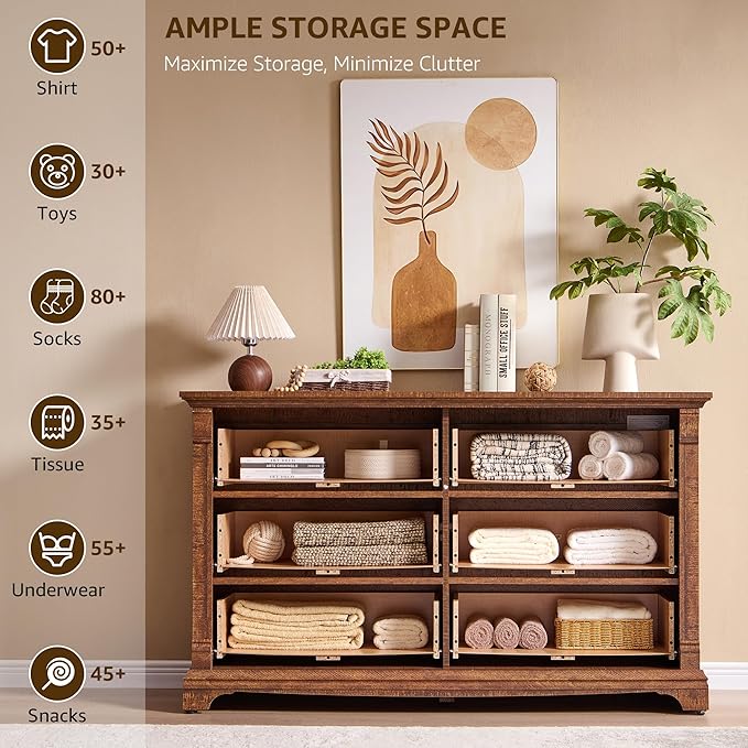 Farmhouse 6 Drawers Dresser for Bedroom, 54" Wide Large Dressers & Chests of Drawers w/Roman Column, Wooden Dresser TV Stand with Large Drawers for Bedroom Living Room Hallway,Reclaimed Barnwood