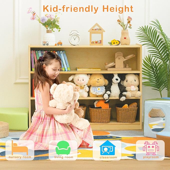 Wooden Kids Bookshelf and Toy Storage Organizer, 3-Tier Montessori Shelf, 30in Storage Cabinet for Kids, Birch Bookcase Book Shelf for Kids Room, Nursery, Classroom, Playroom - Natural