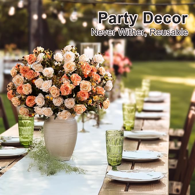 Artificial Rose Flowers for Outdoor 4 Bundles Rose Bouquet with Daisy Faux Flowers UV Resistant for Home Indoor Outside Garden Porch Window Box Balcony Yard Porch Decor (White+Orange)