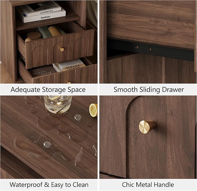 Nightstand with Charging Station, Mid Century Modern Nightstand with Arched Design, Minimalist End Table with Wood Grain Texture, Bedside Table for Bedroom Living Room Sofa Office, Walnut