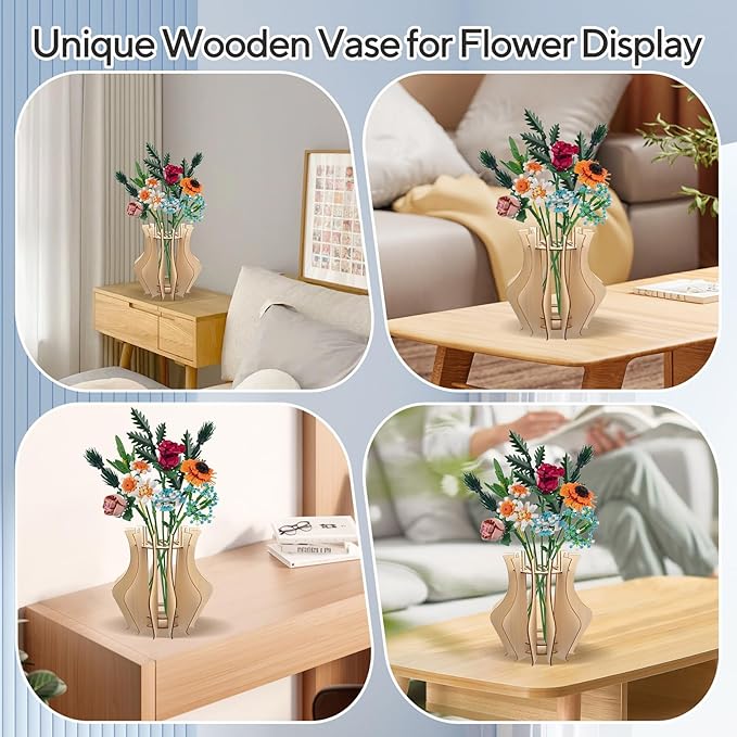 Wooden Vase for Lego Flowers - Wooden Vase for Lego Bouquet, Wood Vases Puzzle Set for LegoRoses Sunflower Tulips, Vases Kit for Artificial Bouquet Arrangement Home and Office Decoration (Wood)