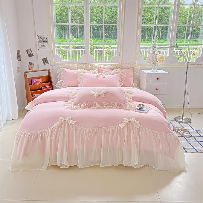 Girls Lace Bedding,Pink Full Comforter Cover Set, Chic Ruffled Duvet Cover with Lovely Bow,Princess Style 1 Duvet Cover with 2 Pillowcases, No Comforter-Pink,Full Size
