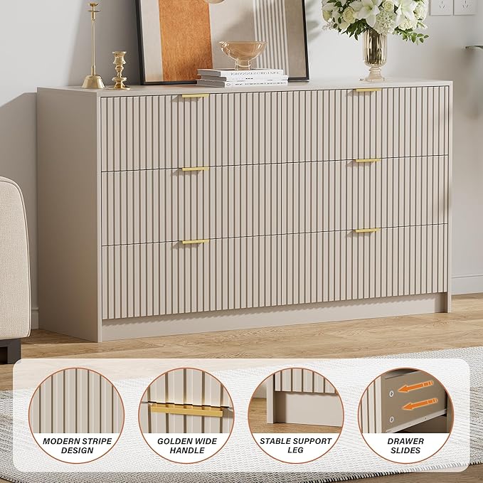 Beige Dresser for Bedroom, Modern Dresser with 6 Drawers and Smooth Slides, Wide Chest of Drawers with Golden Handles for Bedroom, Living Room, Closet, 15.7" D x 55.1" W x 31.4" H