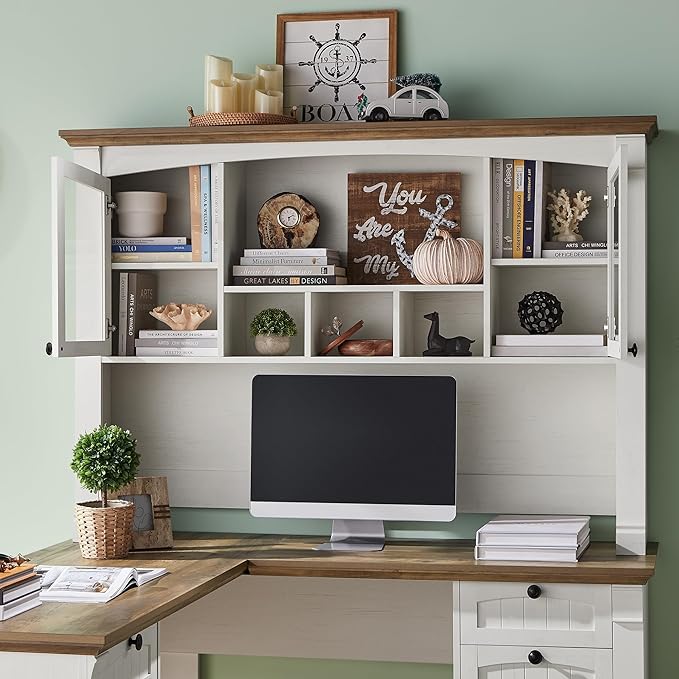 OKD 60" L Shaped Executive Desk with Hutch and Drawers, Farmhouse Home Office Desk with Charging Station, File Cabinet Storage, Wood Corner Computer Desk for Work and Study, Antique White