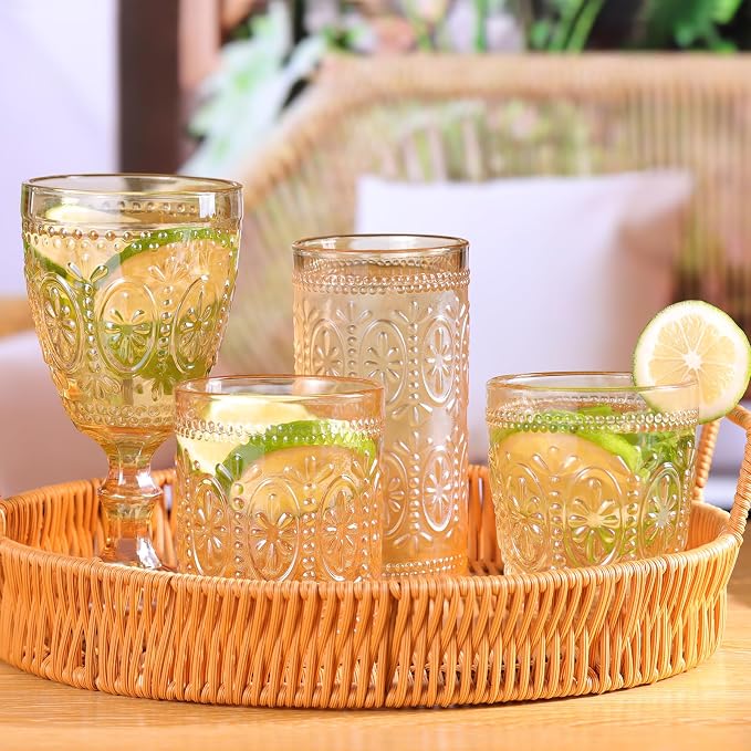 abrwyy Amber Glassware set of 4 Vintage Drinking Glasses, 12oz Amber Heavy Duty Glass Cups, Old Fashioned Glass, Highball Glasses Set for Party Wedding Home Office Glassesware Gift