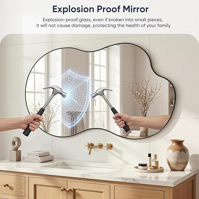 Irregular Wall Mirror, 26"x48" Asymmetrical Mirror with Metal Frame, Modern Unique Decorative Mirrors for Bathroom, Wall Decor, Entryway, Living Room, Black