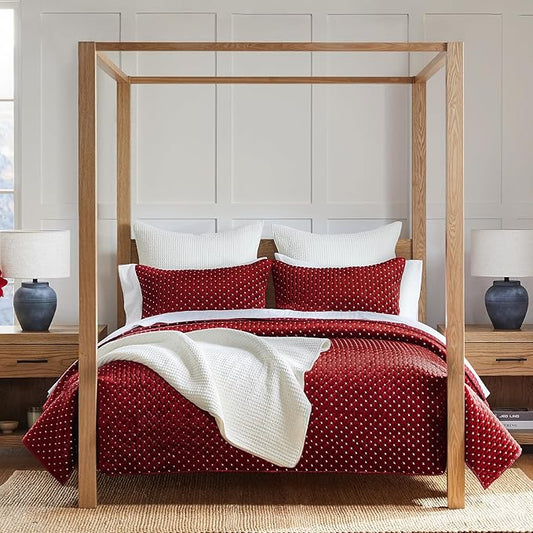 Levtex Home - Cross Stitch Velvet Red Quilt Set - King Quilt + Two King Pillow Shams - Cross Stitched Pattern - Quilt Size (106x92in.) and Pillow Sham Size (36x20in.) - Reversible