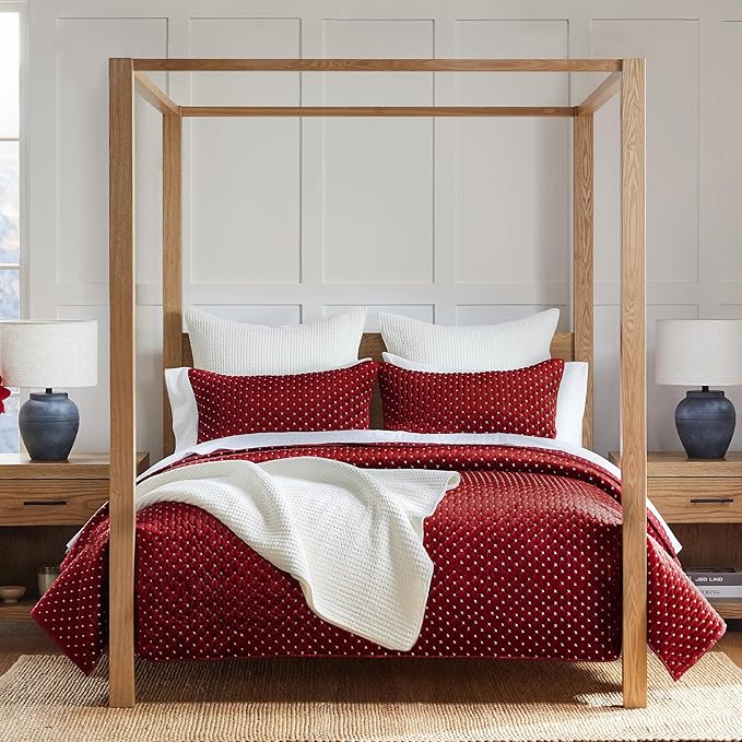 Levtex Home - Cross Stitch Velvet Red Quilt Set - Twin Quilt + One Standard Pillow Sham - Cross Stitched Pattern - Quilt Size (68x86in.) and Pillow Sham Size (26x20in.) - Reversible