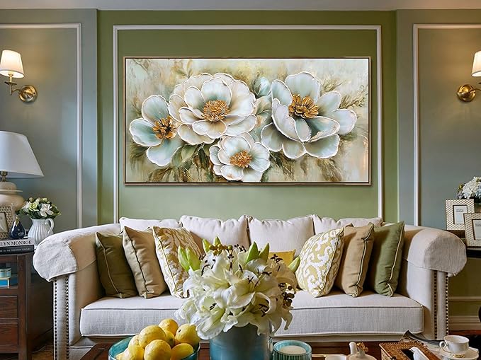 Arjun Framed Canvas Wall Art for Bedroom, Large Wood Frame Vintage Flower Painting Living Room Textured Artwork Gold Picture Bloosom Dining Room Kitchen Home Office Wall Decor, 40"x20"