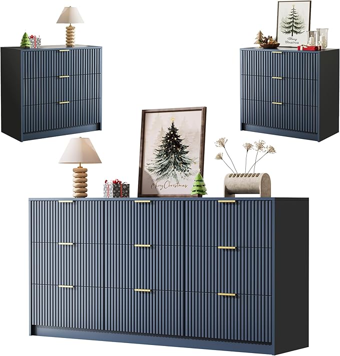 3-Piece Dresser Bedroom Set, 9 Drawer Dresser & 3 Drawer Nightstands with Gold Handles, Fluted Wood Chest of Drawers for Bedroom, Living Room, Entryway, Navy Blue