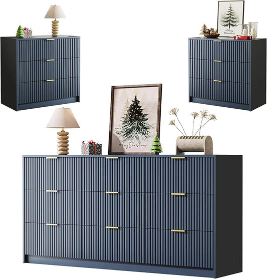 3-Piece Dresser Bedroom Set, 9 Drawer Dresser & 3 Drawer Nightstands with Gold Handles, Fluted Wood Chest of Drawers for Bedroom, Living Room, Entryway, Navy Blue