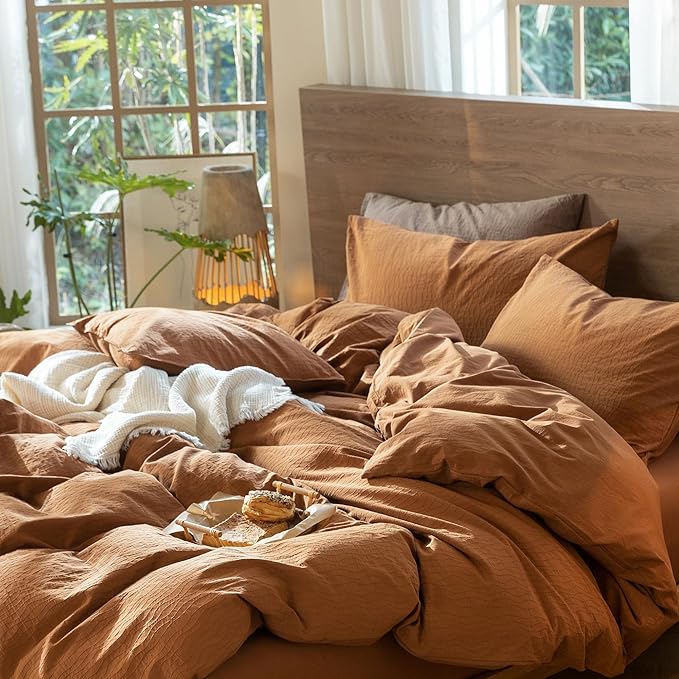 MooMee Wavy Striped Duvet Cover Set 100% Washed Cotton Linen Like Textured Breathable Durable Soft Comfy (Dark Orange, Super King 108"x98")