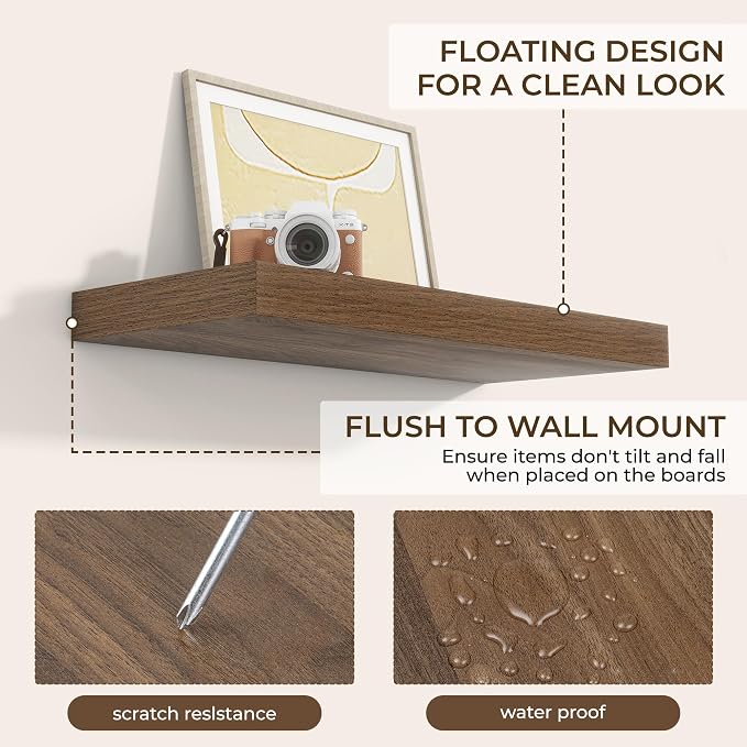 RICHFOCUS 24Inch Floating Shelves for Wall 2 Pack Shelves for Bedroom|Kitchen|Bathroom Wall Mounted Rustic Wood Floating Shelf with Invisible Brackets for Books|Storage|Decor, Walnut