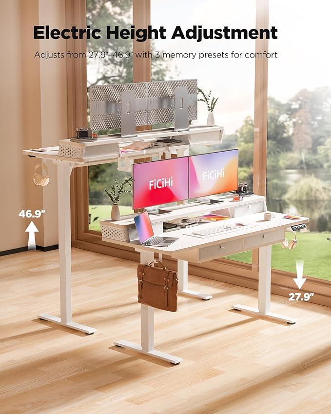 FiCiHi Adjustable Height Standing Desk with 4 Drawers,55 x 24 inches Electric Sit Stand Home Office Desk with Two Tiers, 3 Memory Presets, Monitor Stand Riser, C-Clamp Mount Compatible