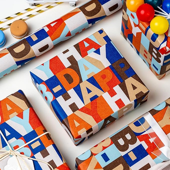 MAYPLUSS Happy Birthday Wrapping Paper Roll, Colorful Kraft Birthday Gift Wrap for Men Boys Girls Women 17 IN x 16.5 FT