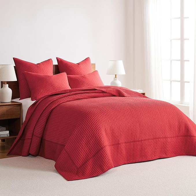Levtex Home Cross Stitch Reversible Twin Bedspread Set (84x104in) with 1 Pillow Sham (26x20in) - Stitch Texture - Chile Red - Cotton Twin Size Bedspread Set - Lightweight, Soft, Pre-Washed