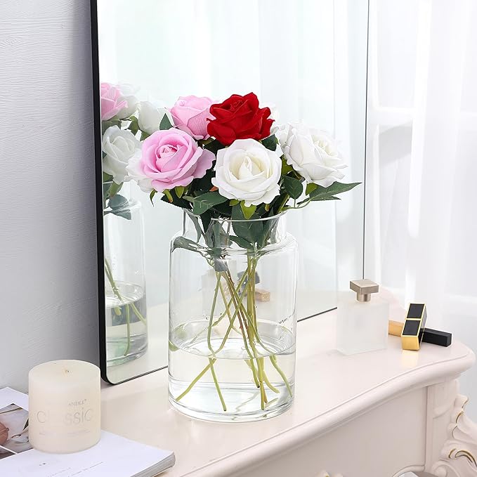 Large Glass Vase, 9 Inch Clear Glass Vase for Flowers, Large Flower Vases for Bouquet, Tall Wide Mouth Vases for Home, Wedding, Living Room, Coffe Table, Office Decor
