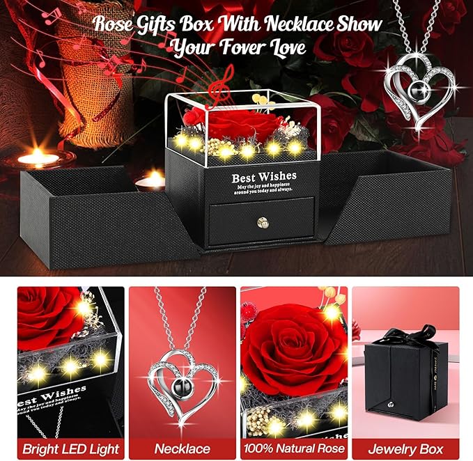 Christmas Birthday Gifts for Women - Preserved Real Rose with I Love You Heart 100-Language Necklace, LED Lights & Music Gift Box, Christmas for Women Girlfriend Mom
