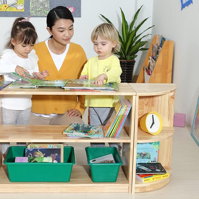 Corner Storage Bookcase Montessori Shelf-Toy,Books,Arts,Crafts&Supplies Storage Organizer for Kids,Toddler Furniture for Preschool,Nursery (3-Tier Corner Cabinet)