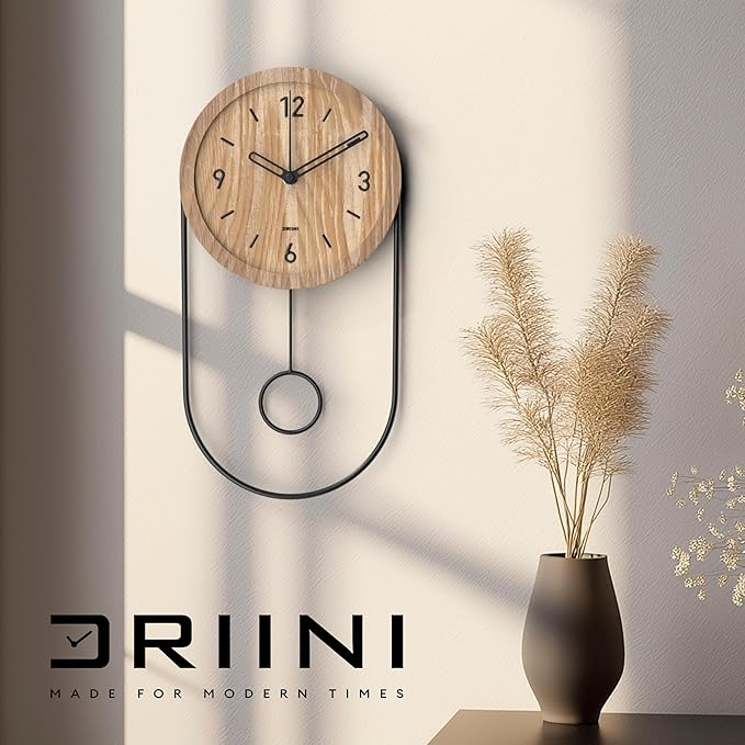 Driini Decorative Wall Clock with Pendulum (Oak) – Modern Wood, 3D Gold Numbers, Metal Frame – Small, Unique Wall Clocks for Living Room Decor or Bathroom - Battery Operated, Silent, Non-Ticking