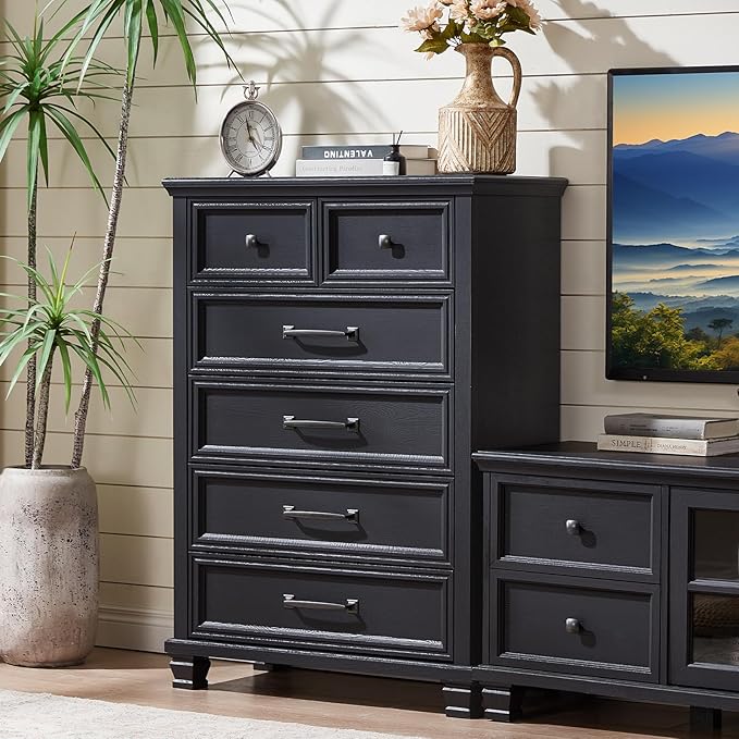 Farmhouse 6 Drawer Dresser for Bedroom, 45 Inch Tall Vintage Wood Chest of Drawers, Mid-Century Dressers w/Square Wooden Legs, Rustic Storage Organizer for Living Room, Hallway, Black