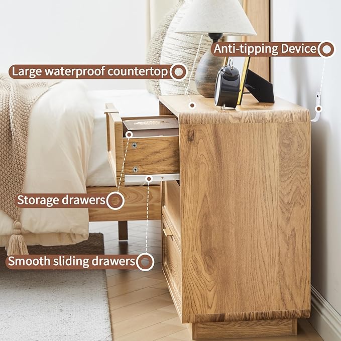 Modern Nightstand Set of 2 for Bedroom, 26'' Wide Wood 3 Drawers Bedside Table, Large Dresser w/Curved Profile Design, Side Table, End Table with Storage Drawers for Living Room, Entryway, Natural